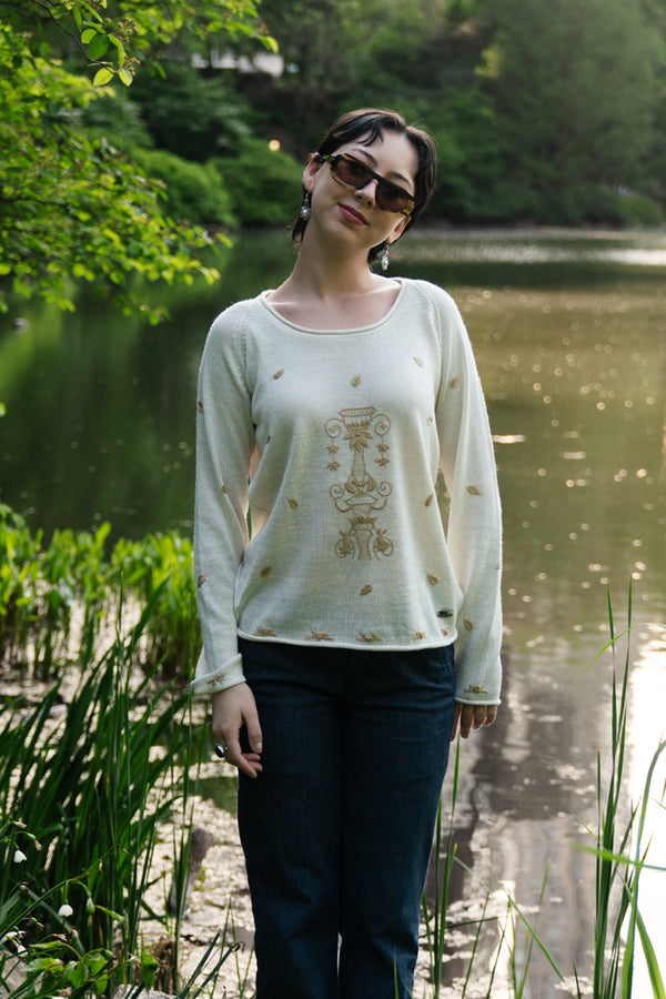 A front view of a White Jarron Womans Pullover sweater made withAlpaca & Silk in Ivory by Qiviuk Boutique