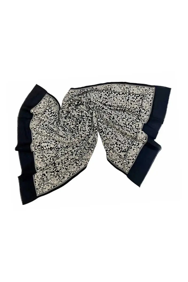 Black and Silver Paisley Silver Embrod Musk Ox Wool Shawl by Qiviuk Boutique