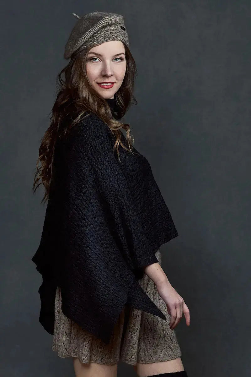 Black Conny Woman's Poncho Bison, Merino & Silk made by Qiviuk Boutique
