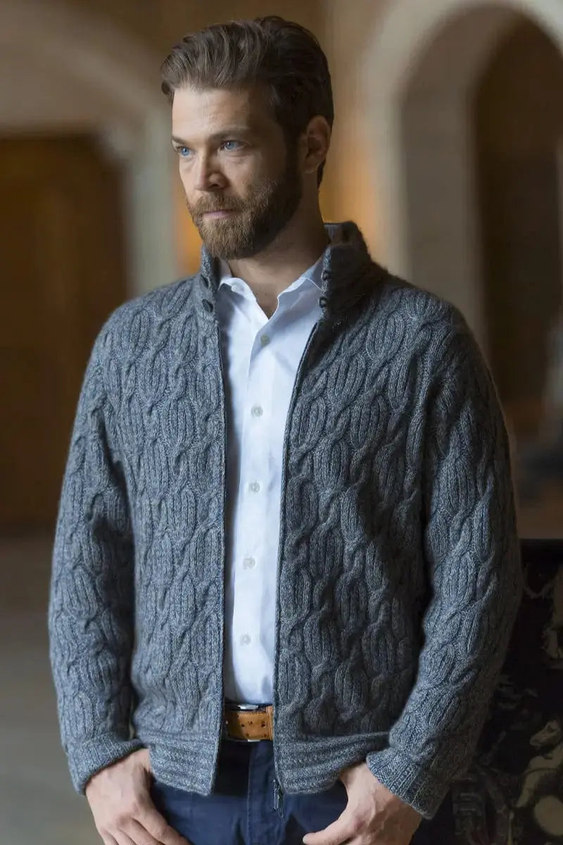 Open view of a Robert men cardiganwith Qiviuk, Merino & Silk by Qiviuk Boutique
