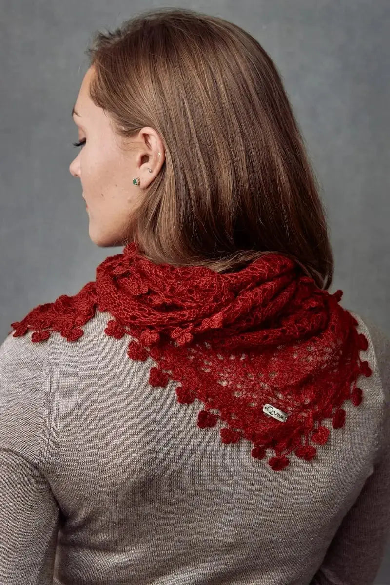 re back view of a Brigida Qiviut scarf in red by Qiviuk Boutique