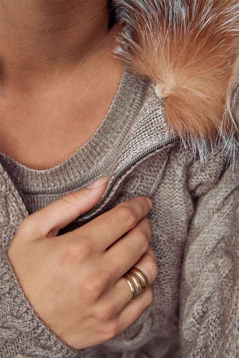 Qiviuk, Merino & Silk Adeli ladies cardigan with removable Crystal fox collar by Qiviuk Boutique