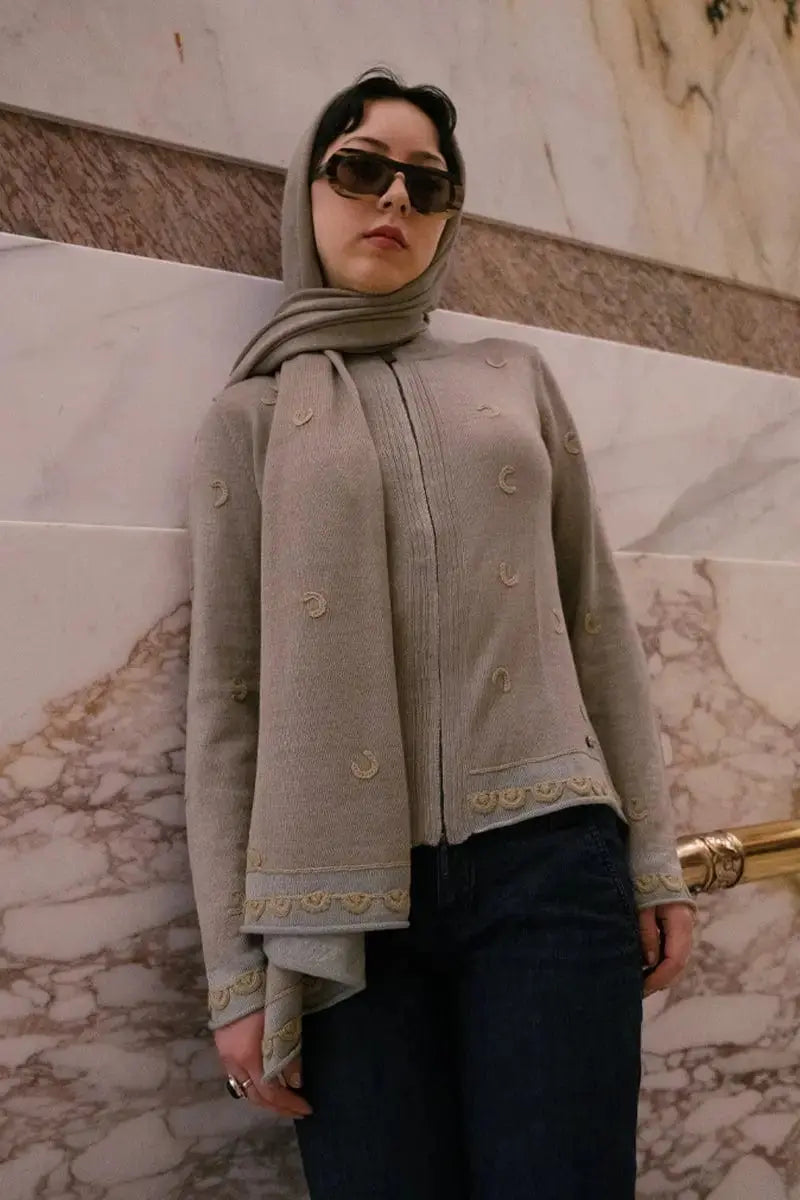 front view of Decal Motif Cardigan sweater Alpaca & Silk by Qiviuk Boutique