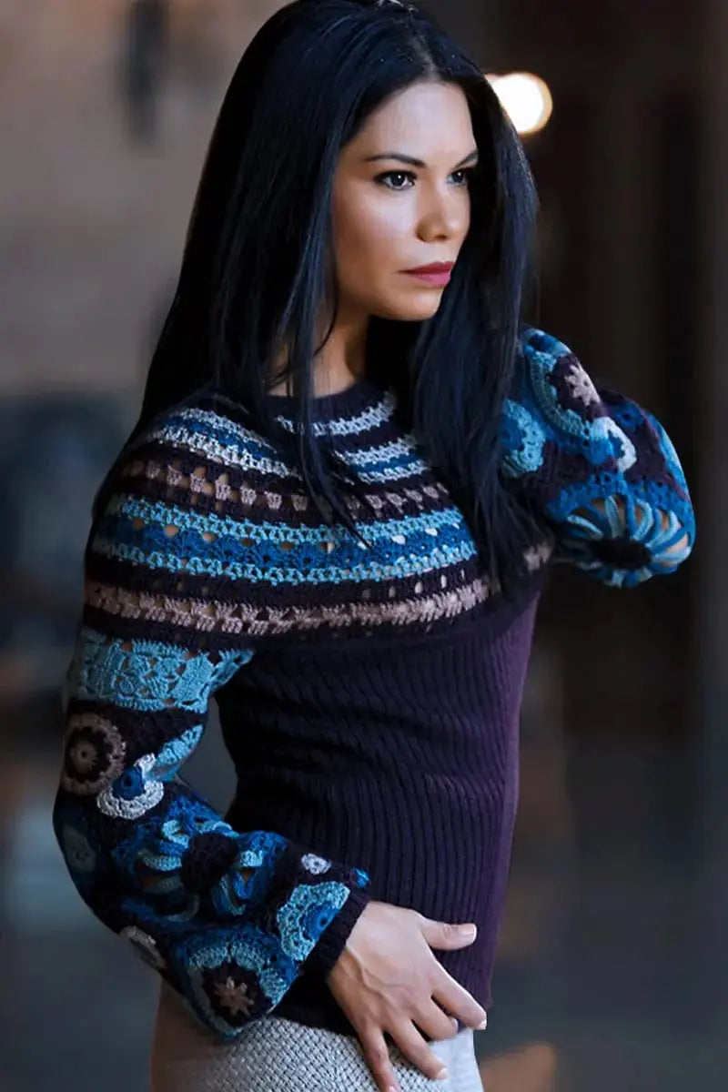 Side view of a Celyn blues with decorative knit Woman Pullover Petite Qiviuk, Merino, Silk & Bison made by Qiviuk Boutique
