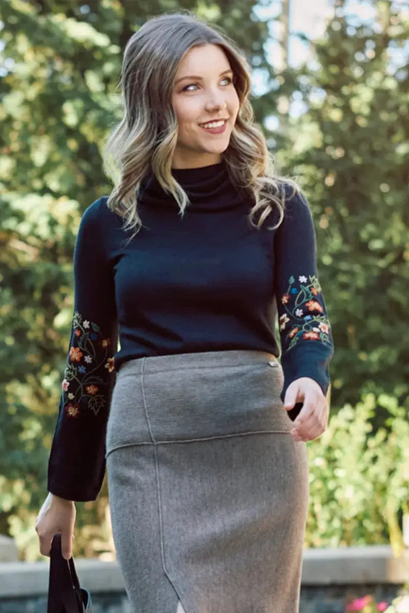 A blue with Silk-Embroidered flowers pattern Bison, Merino & Silk Kerry Womans Pulloverr by Qiviuk Boutique