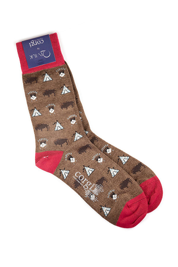 Bison, cashmere & silk Corgi woman socks in red/brown by Qiviuk Boutique