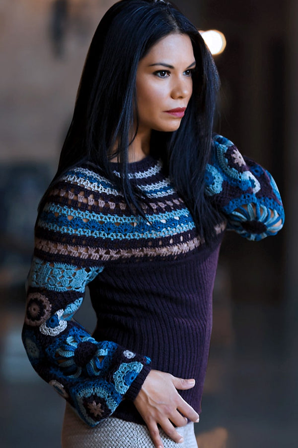 side view of a Celyn blues with decorative knit Woman Pullover Petite Qiviuk, Merino, Silk & Bison made by Qiviuk Boutique