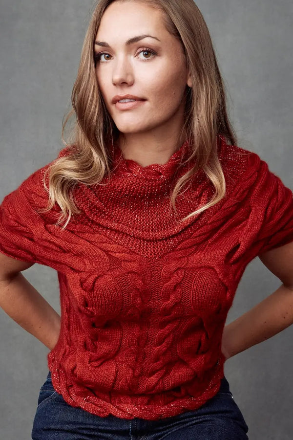 A front view of a Red Chani Woman Pullover Petite Swaeter, made of Qiviuk, Merino & Silk by Qiviuk Boutique