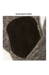 Close up of the leatherpadding of the  Robert Men's Gloves with convertible finger tips, finely knitted from a blend of Qiviuk, Merino, and Silk