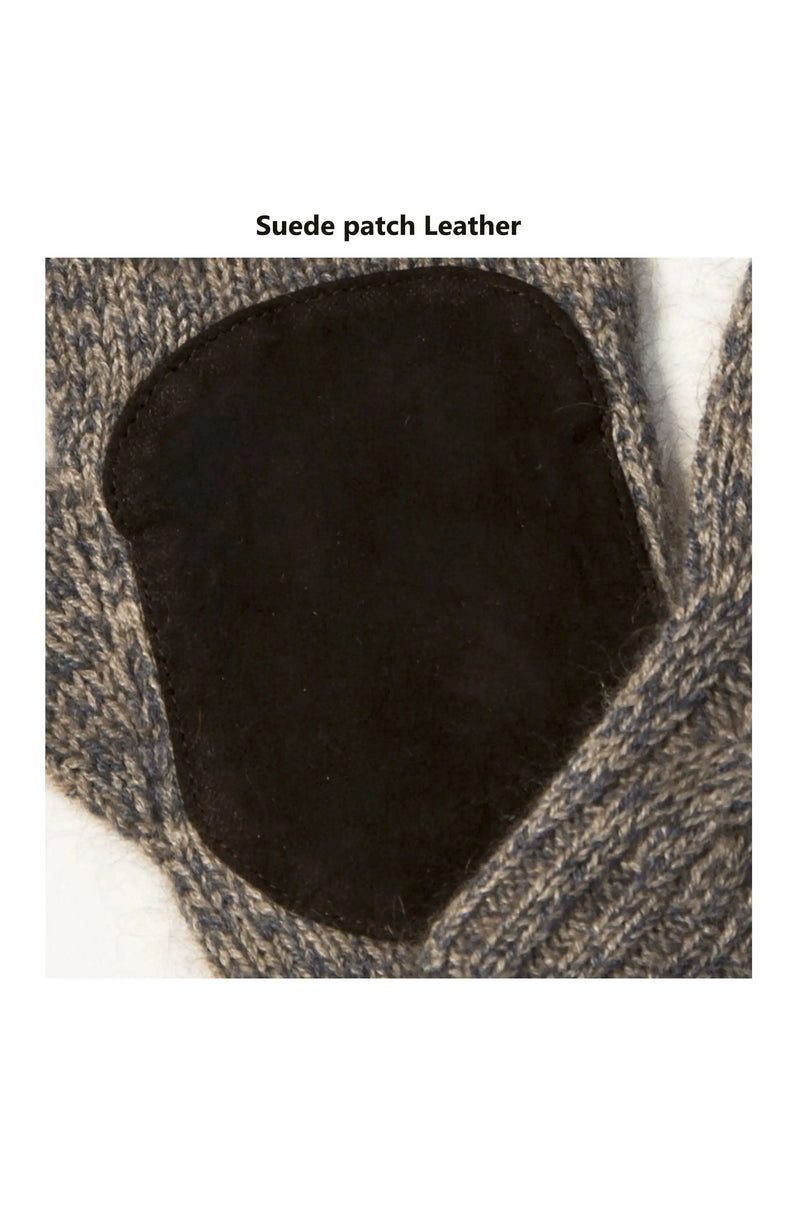 Close up of the leatherpadding of the  Robert Men's Gloves with convertible finger tips, finely knitted from a blend of Qiviuk, Merino, and Silk