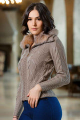 Qiviuk, Merino & Silk Adeli woman cardigan Qiviut sweater with removable Crystal fox collar by Qiviuk Boutique