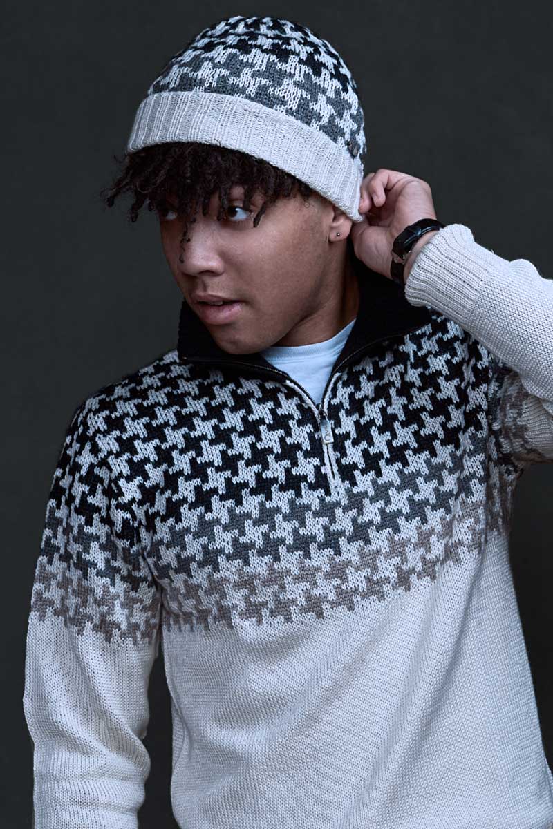 Black and white checkered Bison, Merino, Silk with Heavenly alpaca Oscar hat made by Qiviuk Boutique
