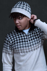 Black and white checkered Bison, Merino, Silk with Heavenly alpaca Oscar hat made by Qiviuk Boutique