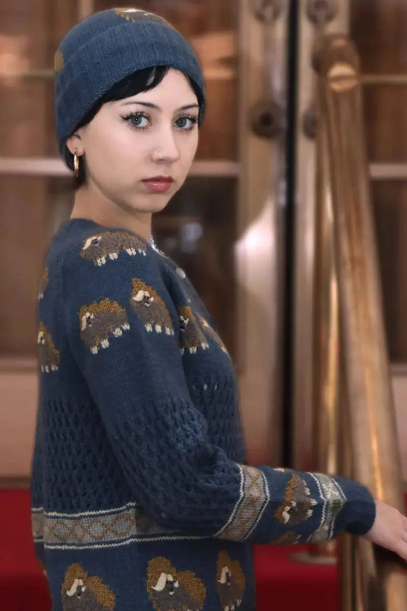 Blue with Color Designed Musk ox Qiviut sweater Woman Cardigan made with Qiviuk, Merino & Silk Qori