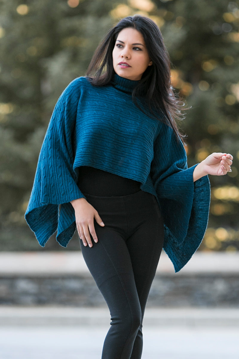 Bison, Merino & Silk Conny ladies poncho blue made by Qiviuk Boutique
