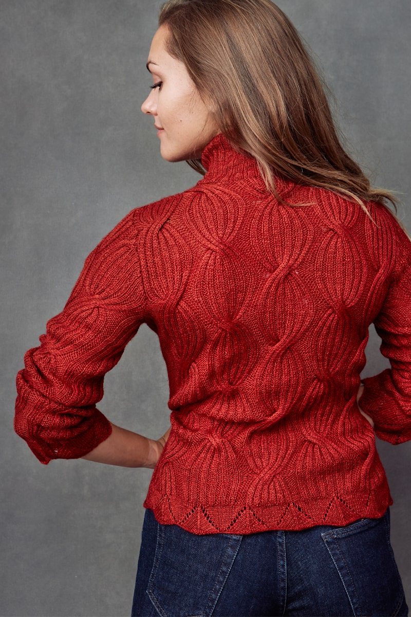 Bison, Merino & Silk Cross Cable ladies pullover in red made by Qiviuk Boutique