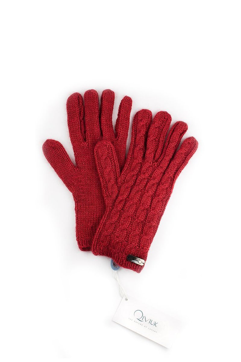Qiviuk, Merino & Silk Cable gloves in red by Qiviuk Boutique