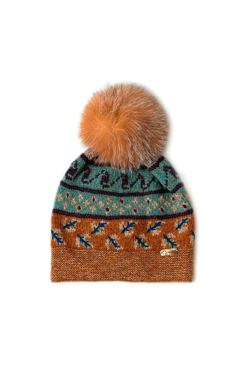 Bison, Merino & Silk Suleyma hat with removable crystal fox pompom made by Qiviuk Boutique